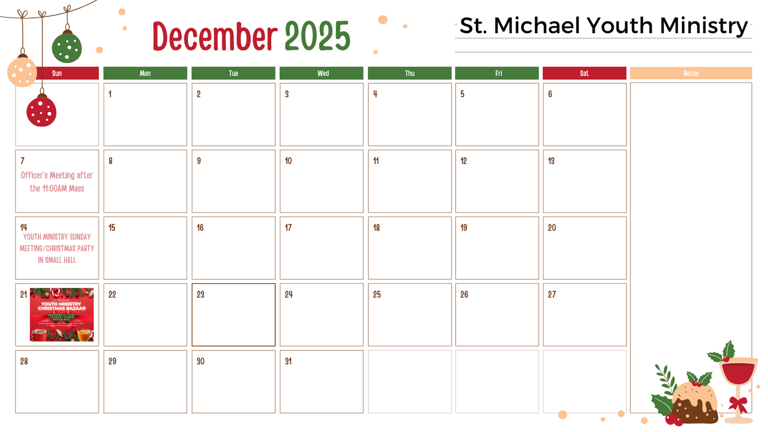 Red Green Festive Illustrated Christmas Holiday Decor December 2025 Monthly Calendar