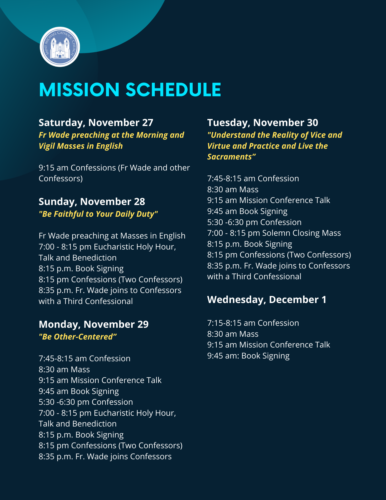 Advent Mission 2021 Schedule